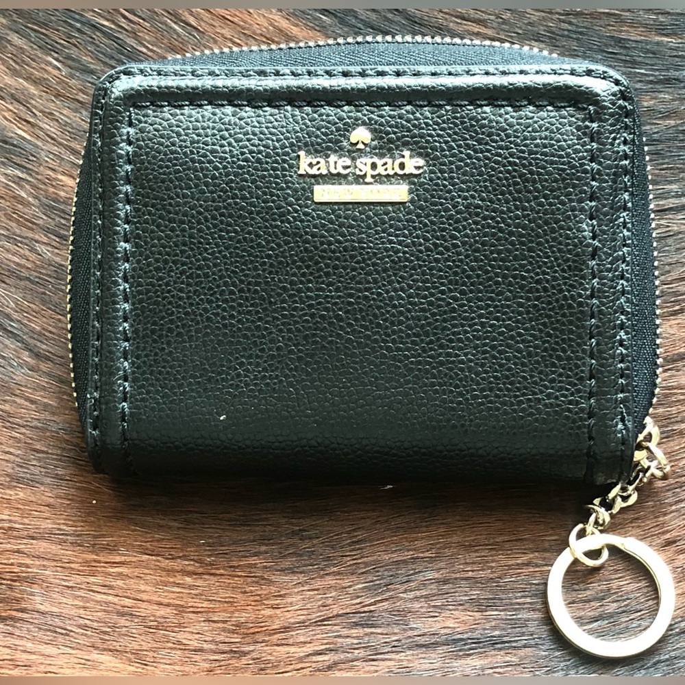 kate spade Black Pebble Leather Zip Card Wallet with Key Ring and Gold Logo